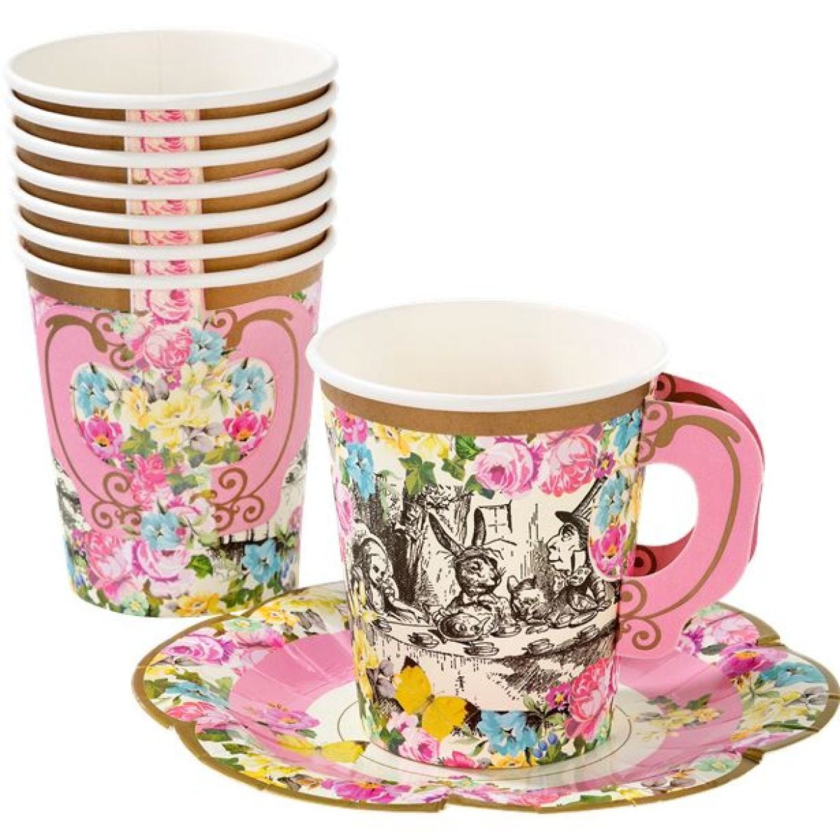 Alice in Wonderland Paper Cups with Saucers