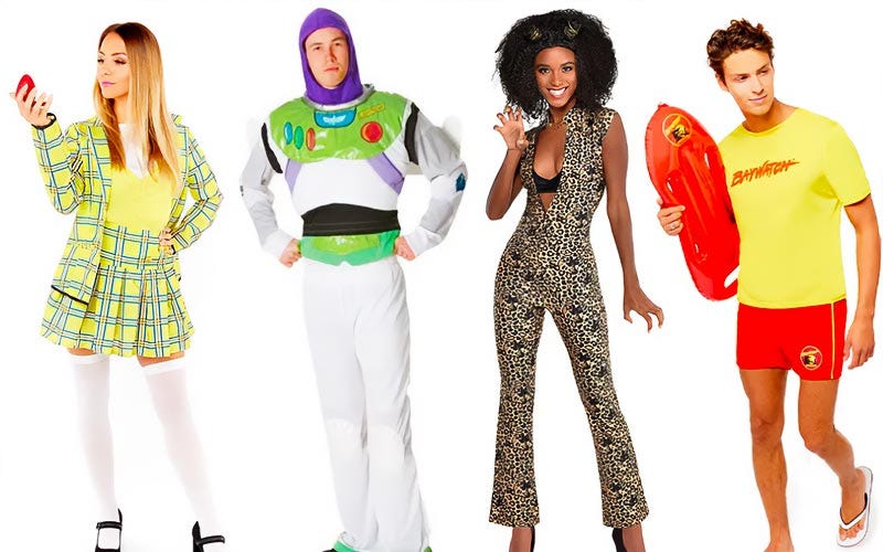 nineties fancy dress ideas featuring Cher from Clueless, Scary Spice, Baywatch and Toy Story