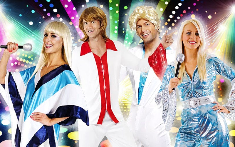 ABBA fancy dress ideas featuring bell bottom flares, disco poncho and white jumpsuit